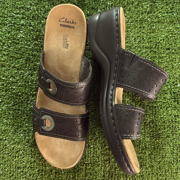New Clark Cushion  Black Cut Out Slide Wedge Sandals Women’s - Picture 1 of 10